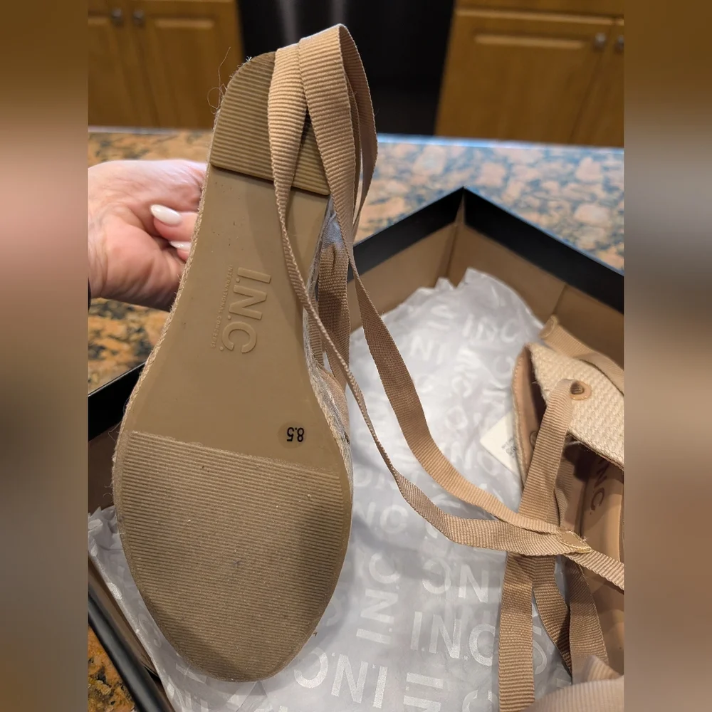 INC International Concepts Beige Espadrille Wedge Sandals with Ankle Wrap - Picture 3 of 6